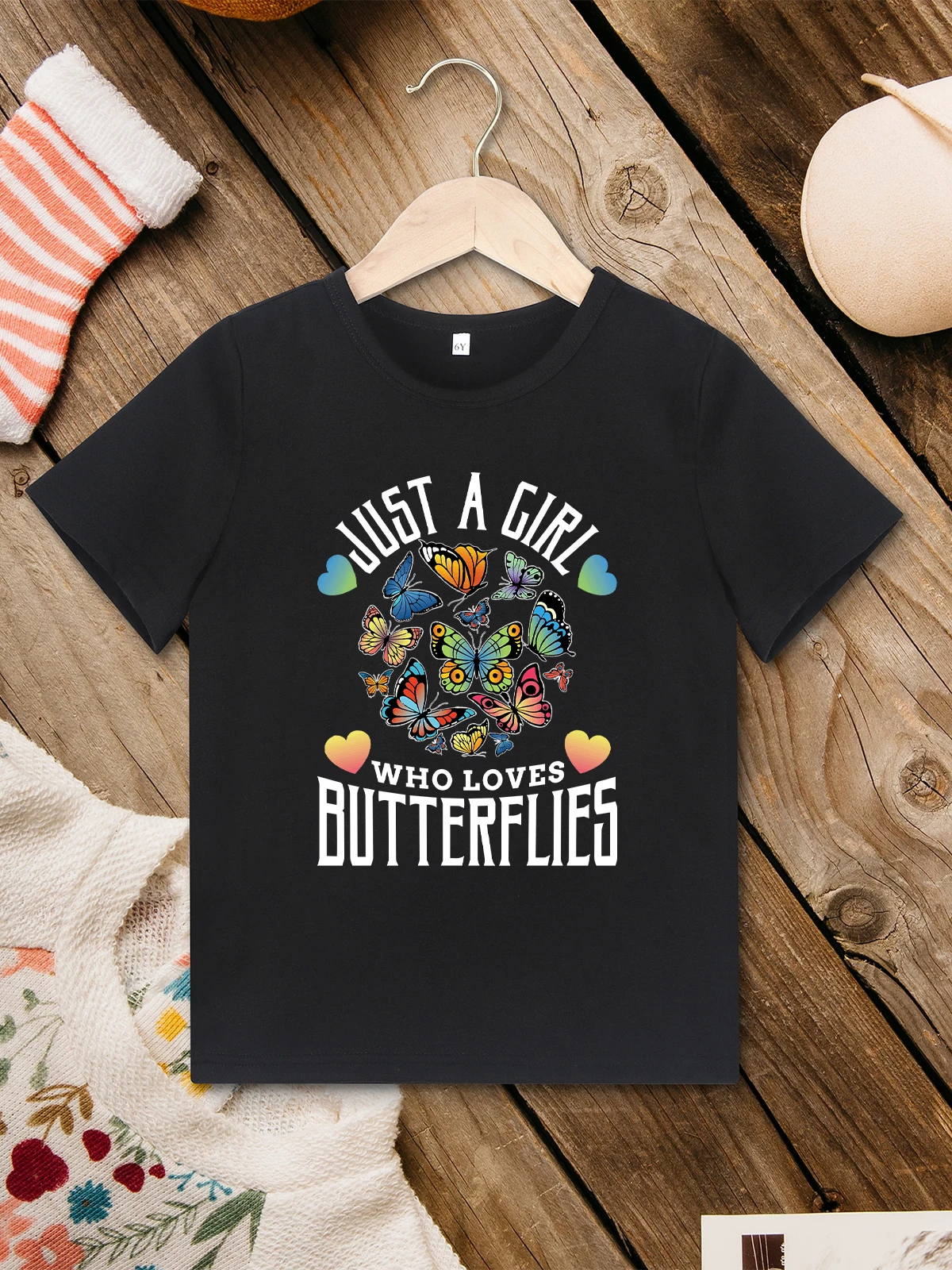 Just a Girl Who Loves Butterfly T-shirt Beautiful Pattern Print Black Summer Girls Clothes 3 to 7 Years Casual Versatile Outdoor