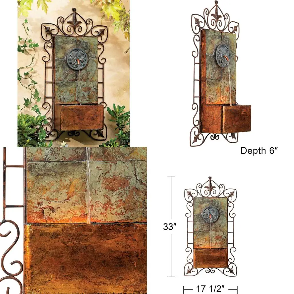 

Large 33" Rustic Faux Stone Wall Fountain with LED Light and Iron Scroll Water Feature for Indoor and Outdoor Decor