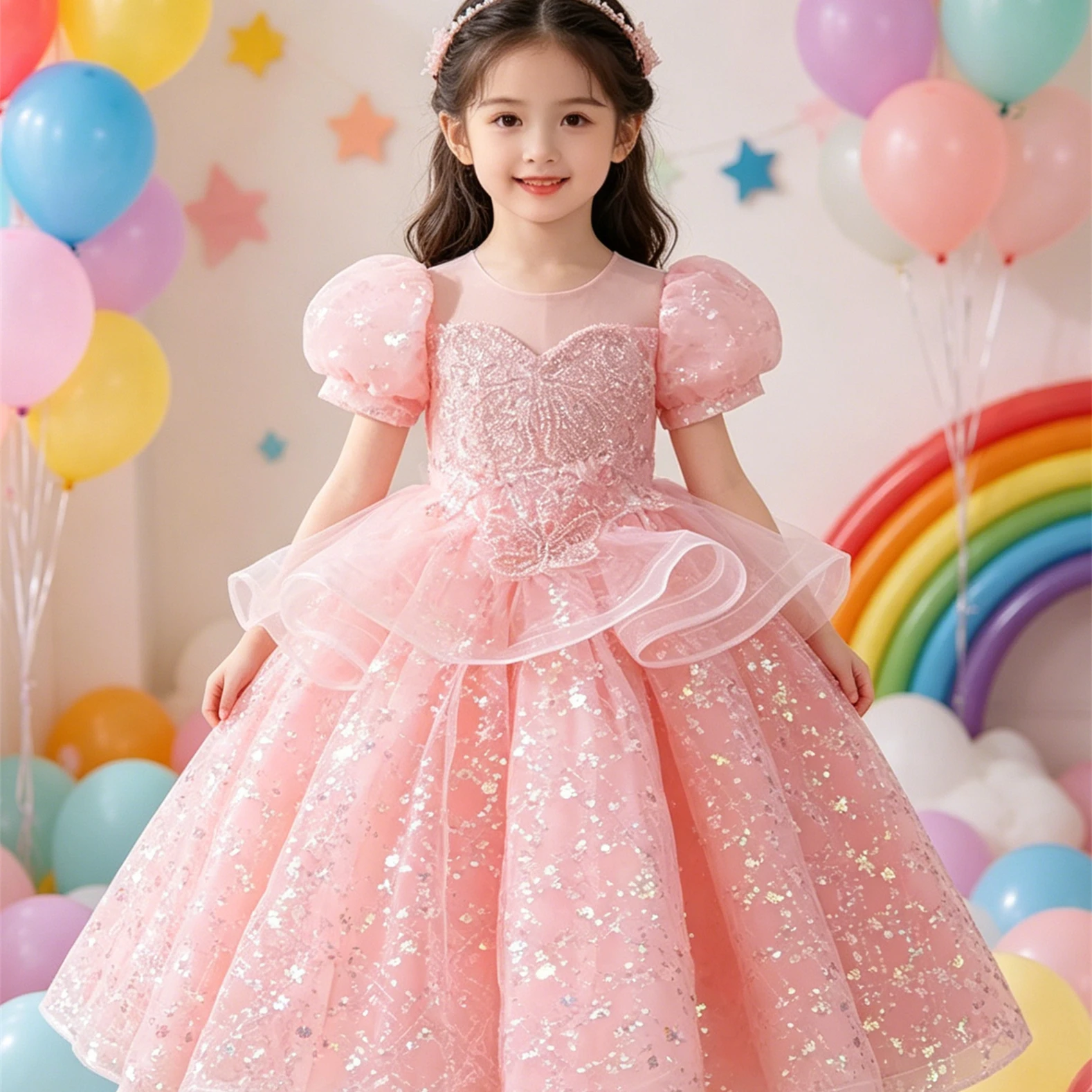 Customized Flower Girl Dress For Wedding Pearls Glitter Short Sleeve Floor Length Kids Birthday Party First Communion Gown