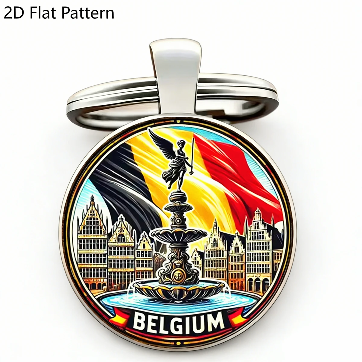 1pc Belgium Tourist Souvenir Keychain Round Glass Cabochon Key Ring Belgian Flag City Fountain Angel Pattern Travel Gift