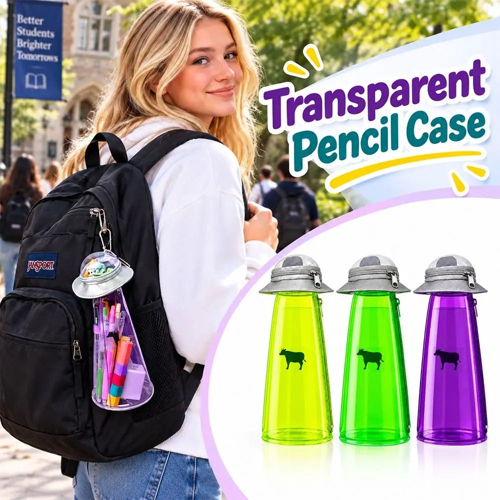 See-Through Transparent Pencil Case Zipper Closure Alien Charm Clear Pencil Pouch Cylindrical Shape Colorful
