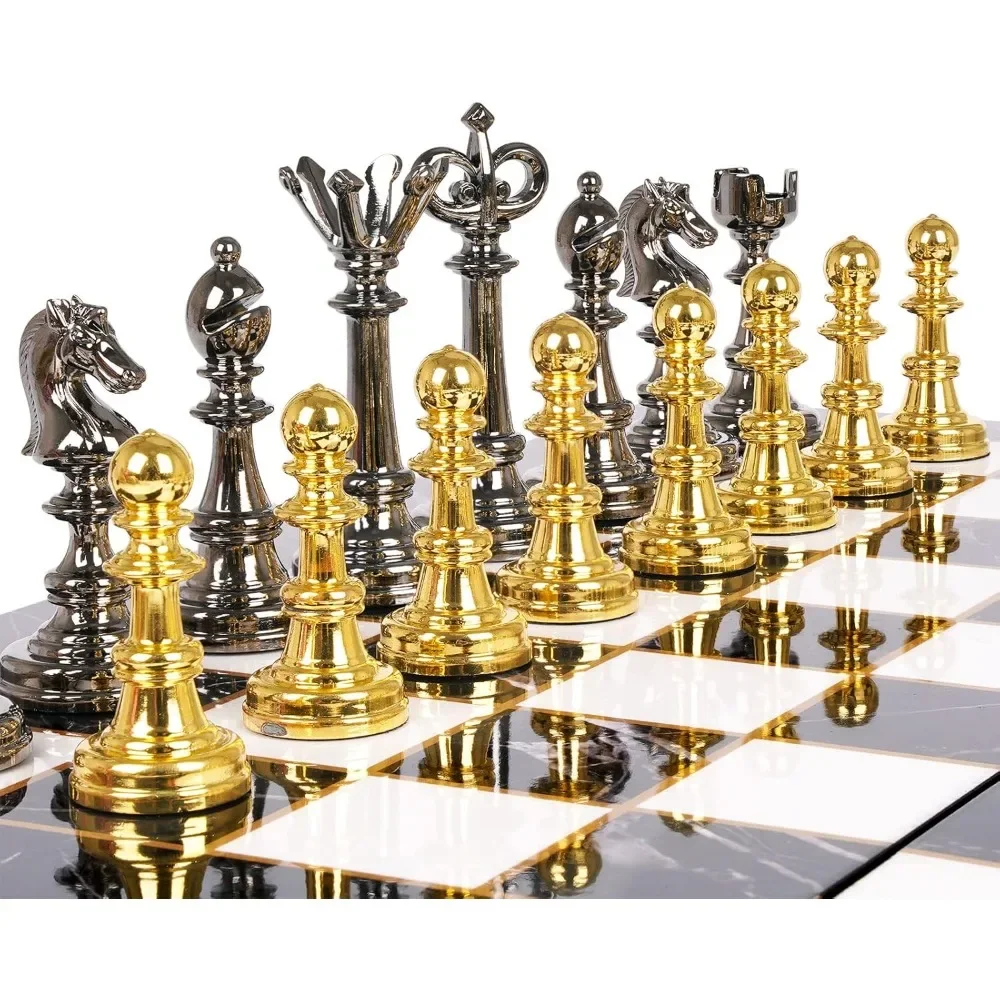 Metal Chess Set and Checkers Game Set 15 inch(2 in 1) Chess Board Games Metal & Portable Folding Wooden Chess