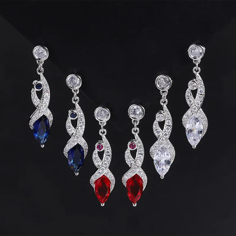 

Zircon Elegant European and American Style Red Blue Silver Diamond Long Drop Earrings Fashion Part