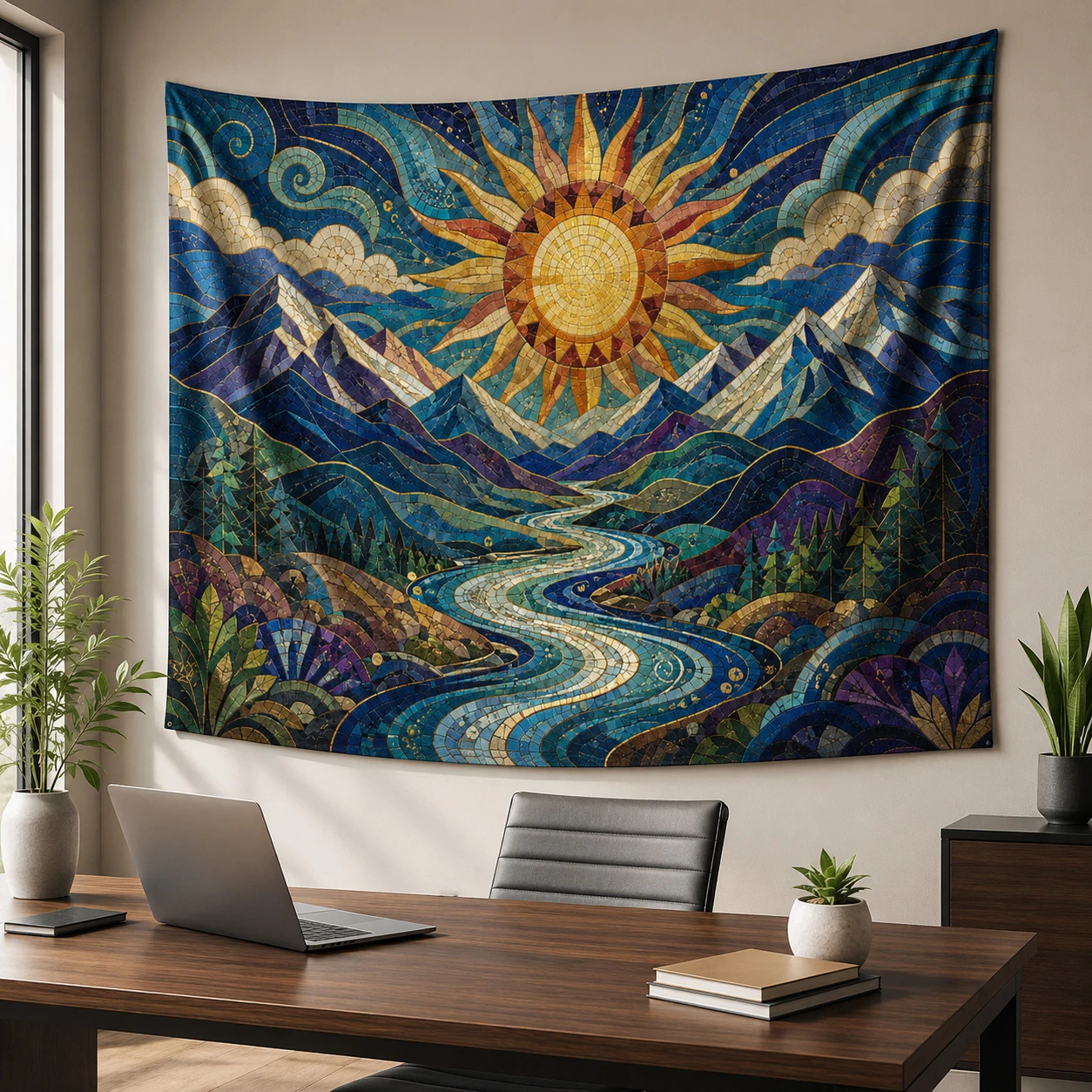 Sun Mountain River Tapestry, Colorful Boho Mosaic Landscape Wall Hanging for Bedroom Living Room Dorm