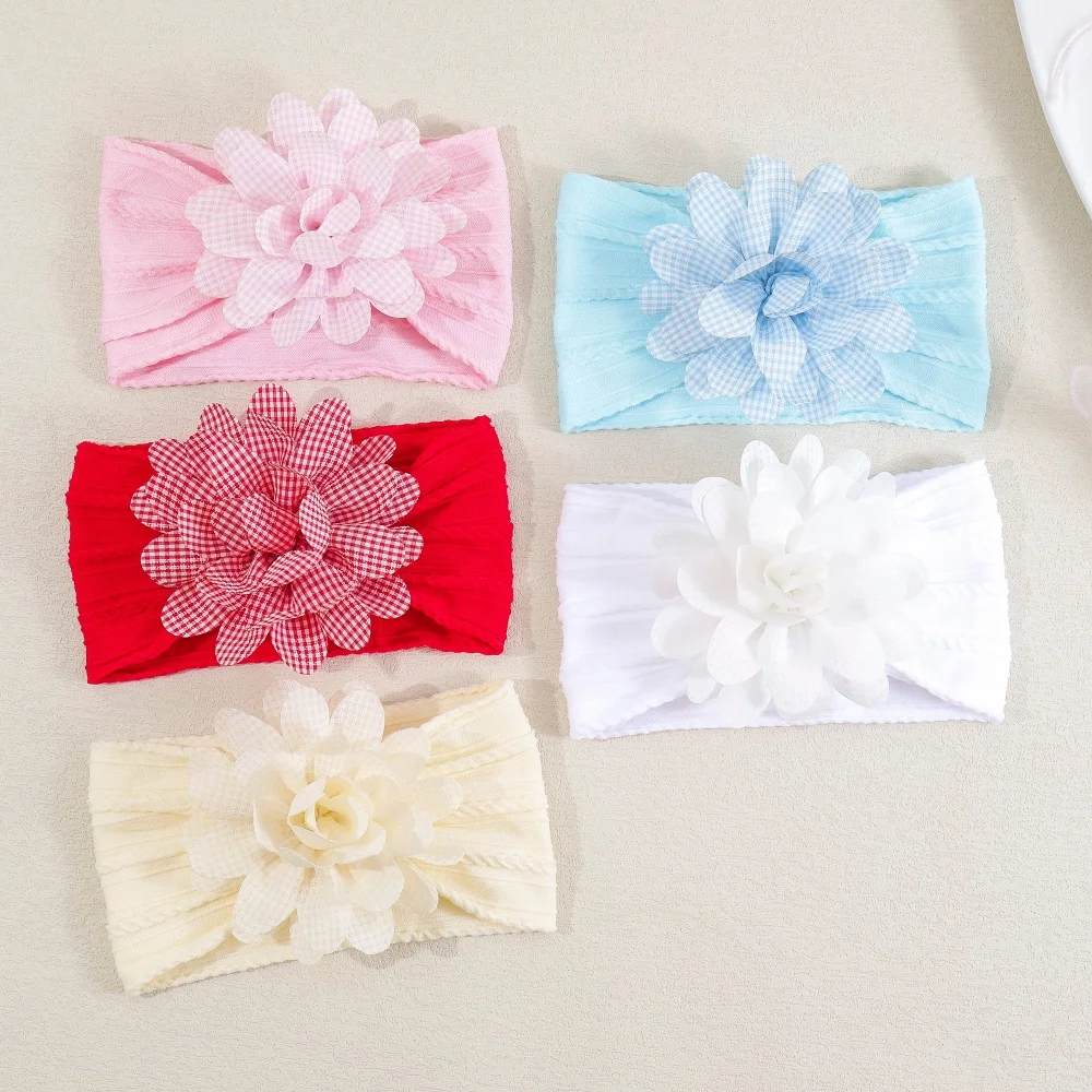 Gingham Flower Baby Headband Soft Cable Knit Elastic Hairband for Newborn Girl Plaid Floral Baby Turban Toddler Hair Accessories