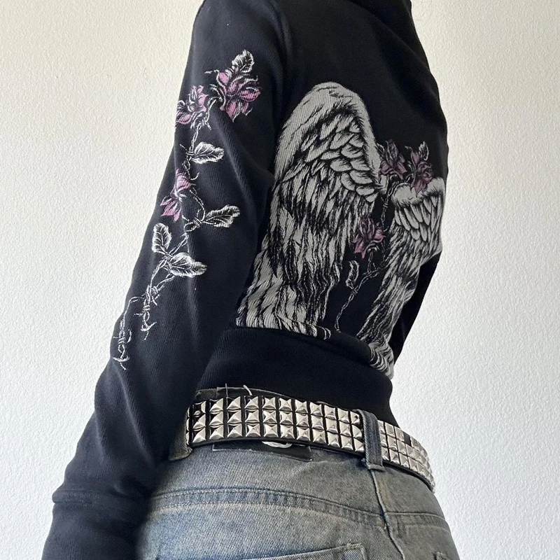 Y2k Grunge Zip Up Sweatshirt Flower Wings Print Slim Fit Hoodies E-girl Gothic Cool Street Outwear 00s Aesthetic Vintage Jacket