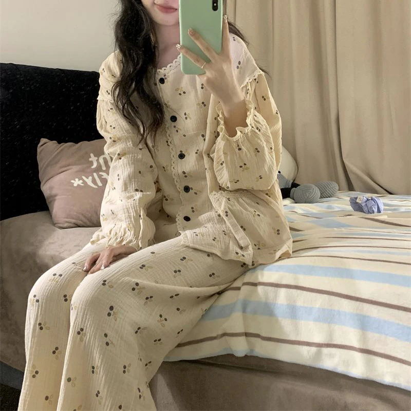 Cherry Sleepwear Button Women Pajamas Set Autumn Piiama Korean Ruffles Long Sleeve Sets 2 Pieces Night Wears Lace Home Wear New