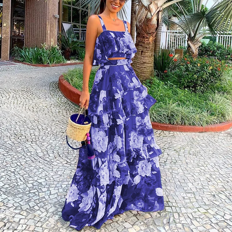 

Autumn New Beach Resort Style Printed Sleeveless Strapless Crop Outifits Top Two-piece Suspender Cake Long Skirt Suit for Womens