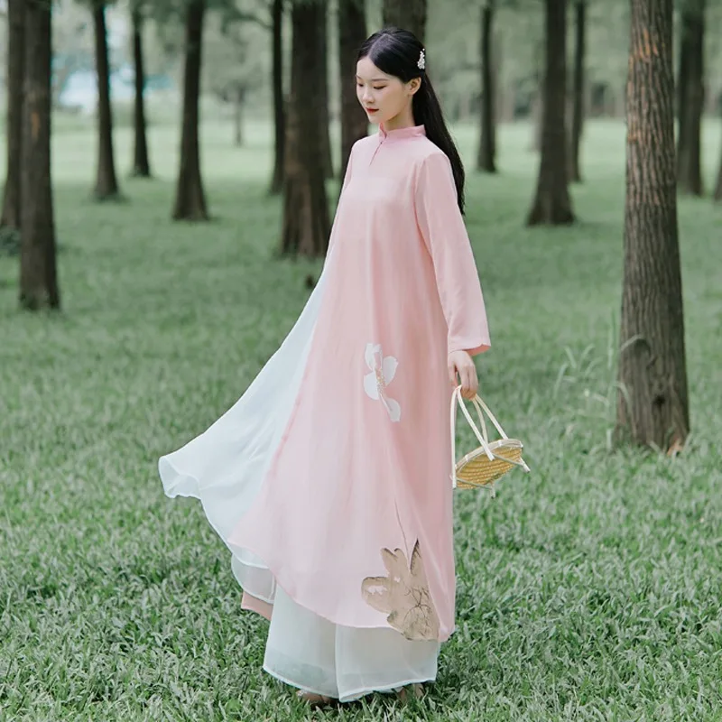 

2025 Hanfu Suit Ethnic Style Women's Traditional Clothing Retro Cheongsam Improved Dress Young Zen Chinese Qipao Two-piece Set