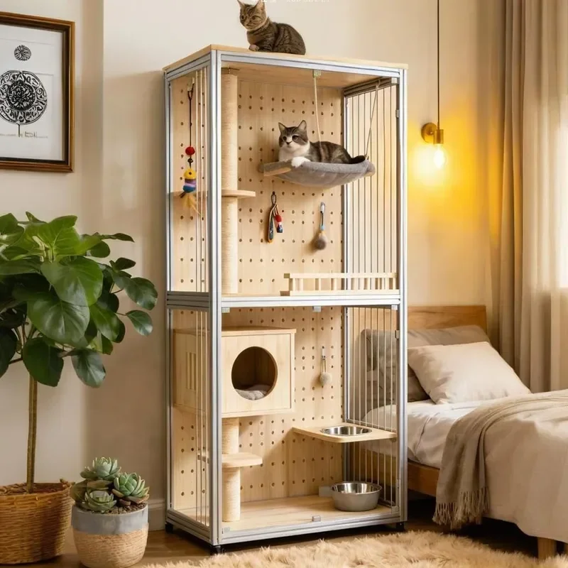 Birch Wood Cat Villa Large Space Aluminum Profile Cat House with Integrated Litter Box Solid Wood Pet Cage for Household Use
