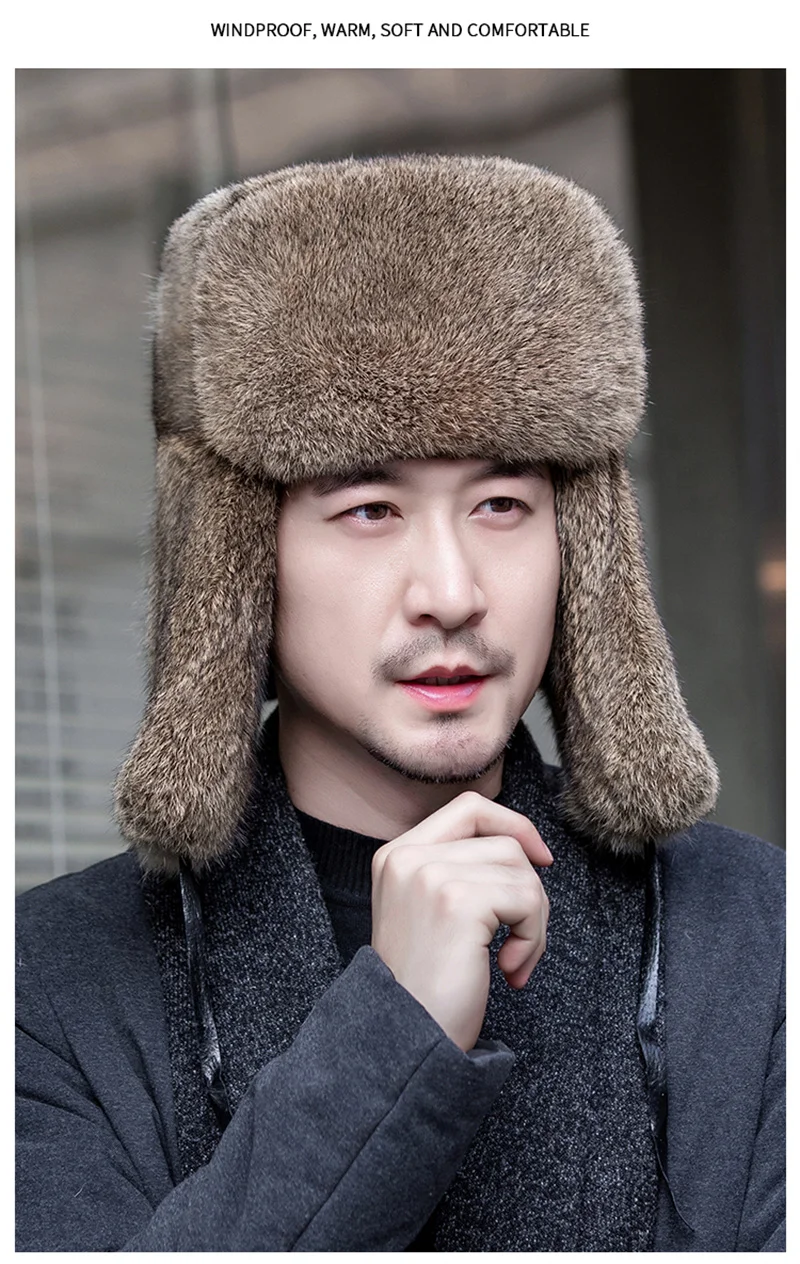 New Casual Men's Natural Rabbit Hair Cap For Lei Feng Hat Northeast Fur Hat Ln Winter Warm Outdoor Thickened Ear Cap Winter Hat