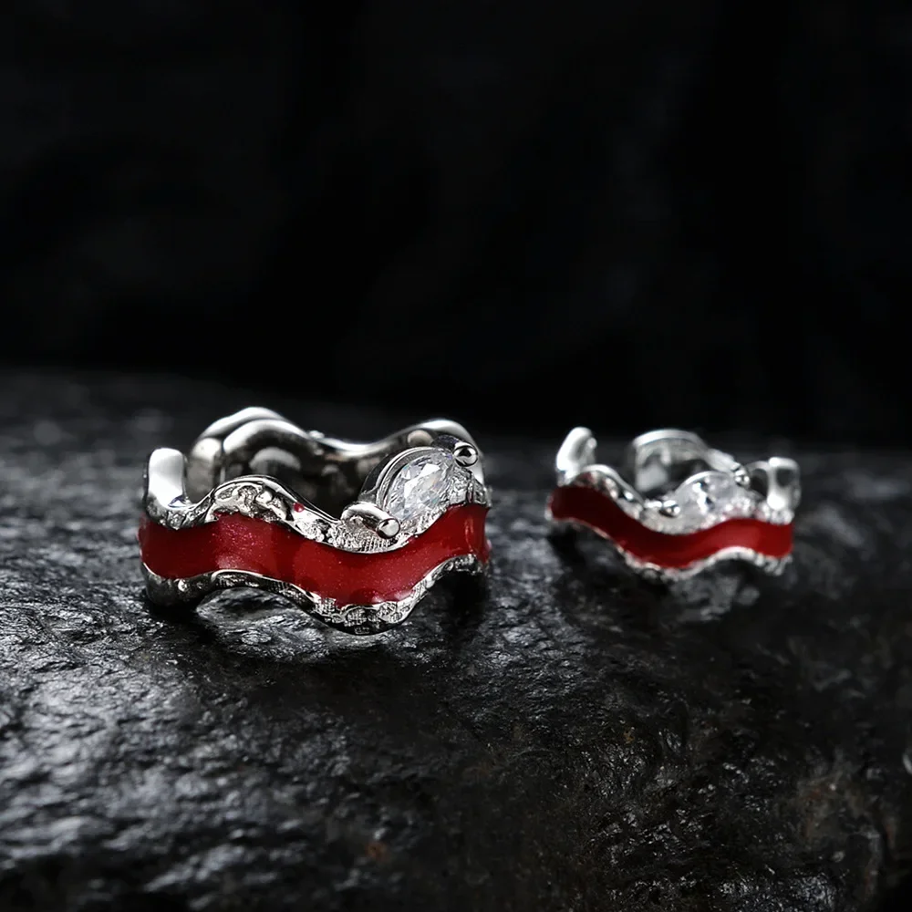 Ables Chic Wavy Chunky Irregular Solid 925 Silver Fingertip Ring Red Enamel Strip Party Open Ear Cuff R1216