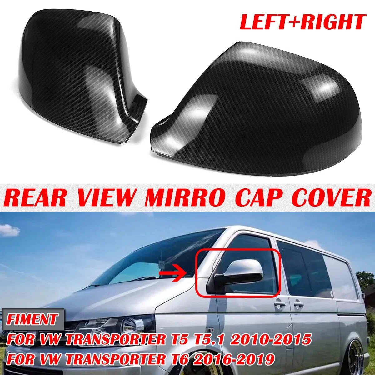 

7E1857527F For VW For Volkswagen Transporter T5 T5.1 T6 16-2019 Pair Carbon Look Car Side Rear View Mirror Cover Cap Replacement