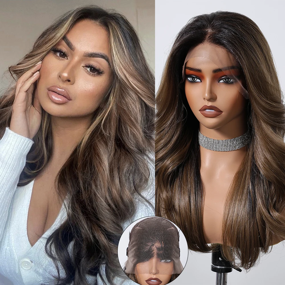 Long Body Wave Synthetic Wigs 13*6 Transparent Lace Frontal Wig Pre Plucked Black Brown Highlight Loose Wave Wig for Afro Women