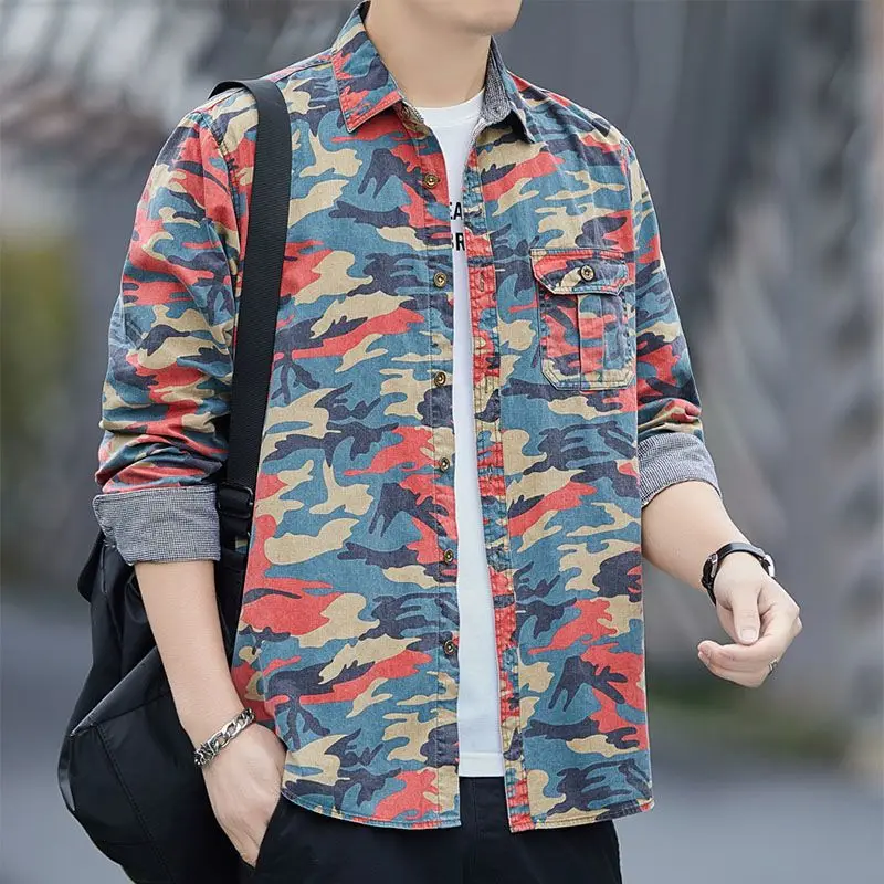 Camisas camufladas de manga comprida masculina, casacos com gola virada para baixo, tops de peito único, camisas soltas casuais masculinas, primavera, outono