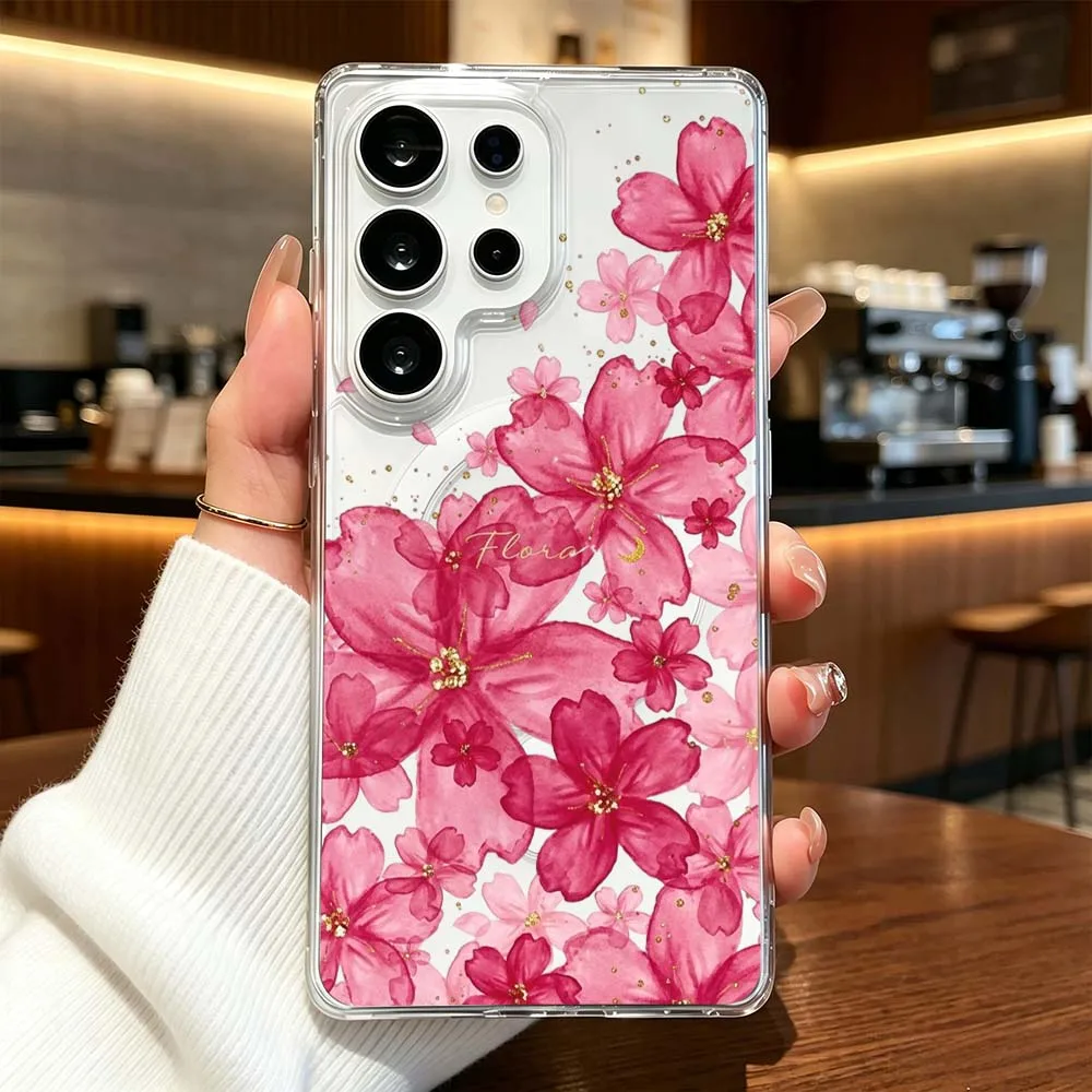 Pink Leopard-Print Flowers Phone Case For Samsung Galaxy S26 S25 S24 S23 S22 A56 FE Plus Ultra Transparent Magnetic Cover