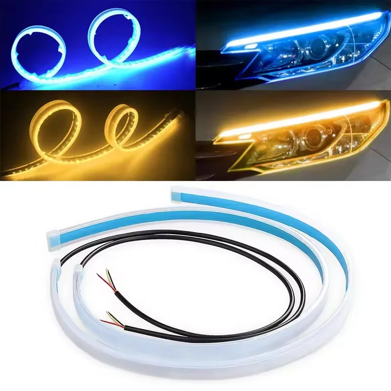 2pcs LED DRL Car Daytime Running Light Signal Lamp Flexible Decorative Strip Auto Headlights White Turn Yellow Flowing Signals