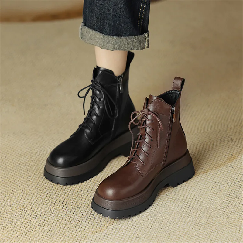 New Autumn/winter Women Boot Split Leather Lace Round Toe Shoes Fashion Boots Short Boots for Women Handmade Platform High Heels