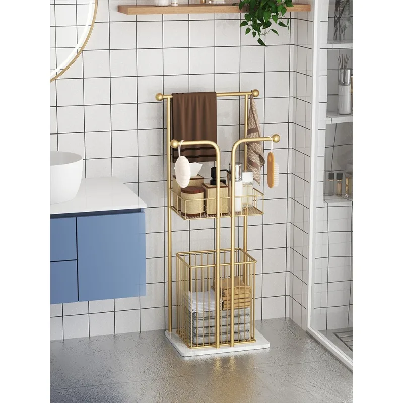 

Wrought iron bathroom, bathroom, bathtub side rack, floor-to-ceiling light luxury rock slab, bath towel, towel storage rack