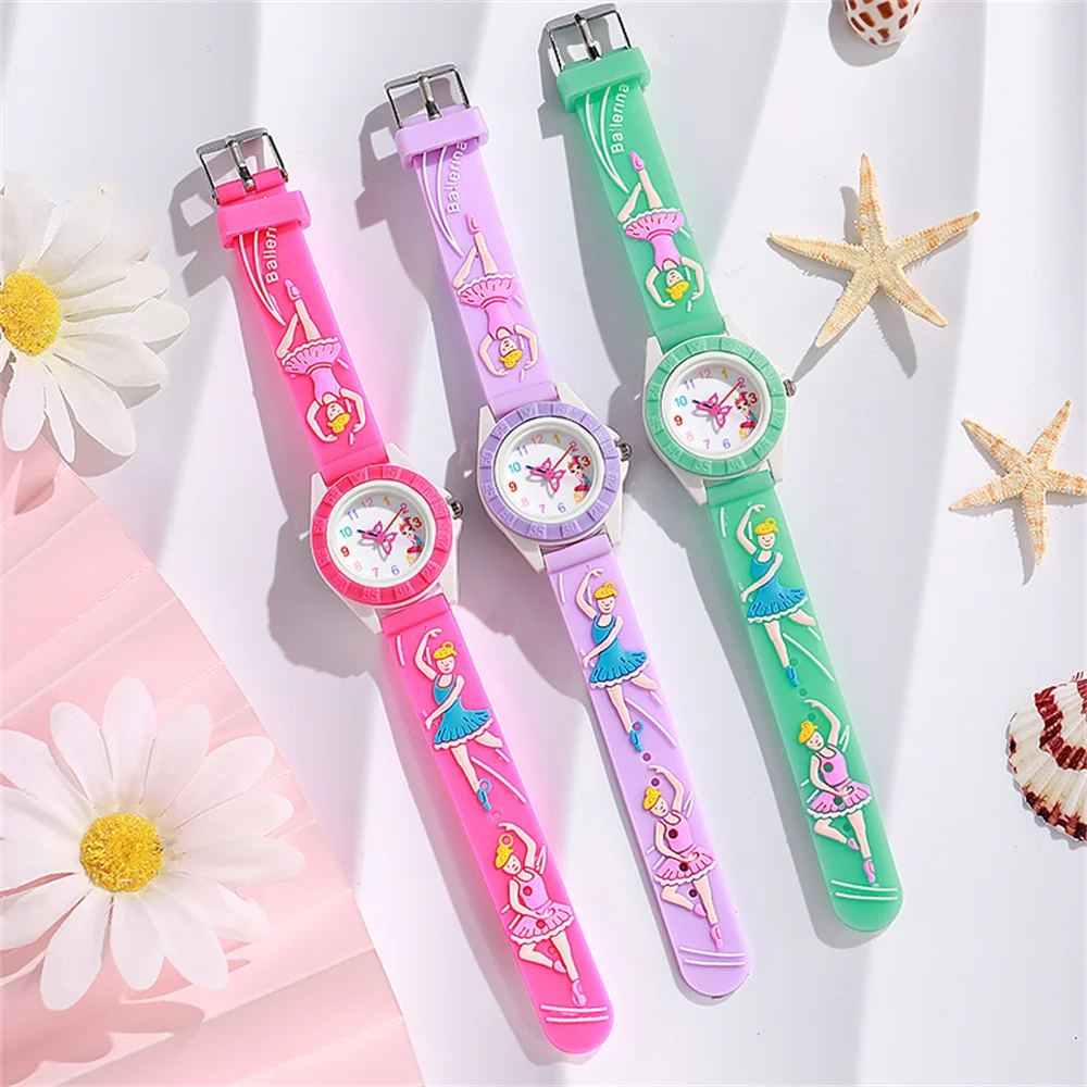 Cartoon Children's Watch Fashion Ballet Girl Design Quartz Watches Leisure Silicone Rose Red Clock Gift Wristwatch