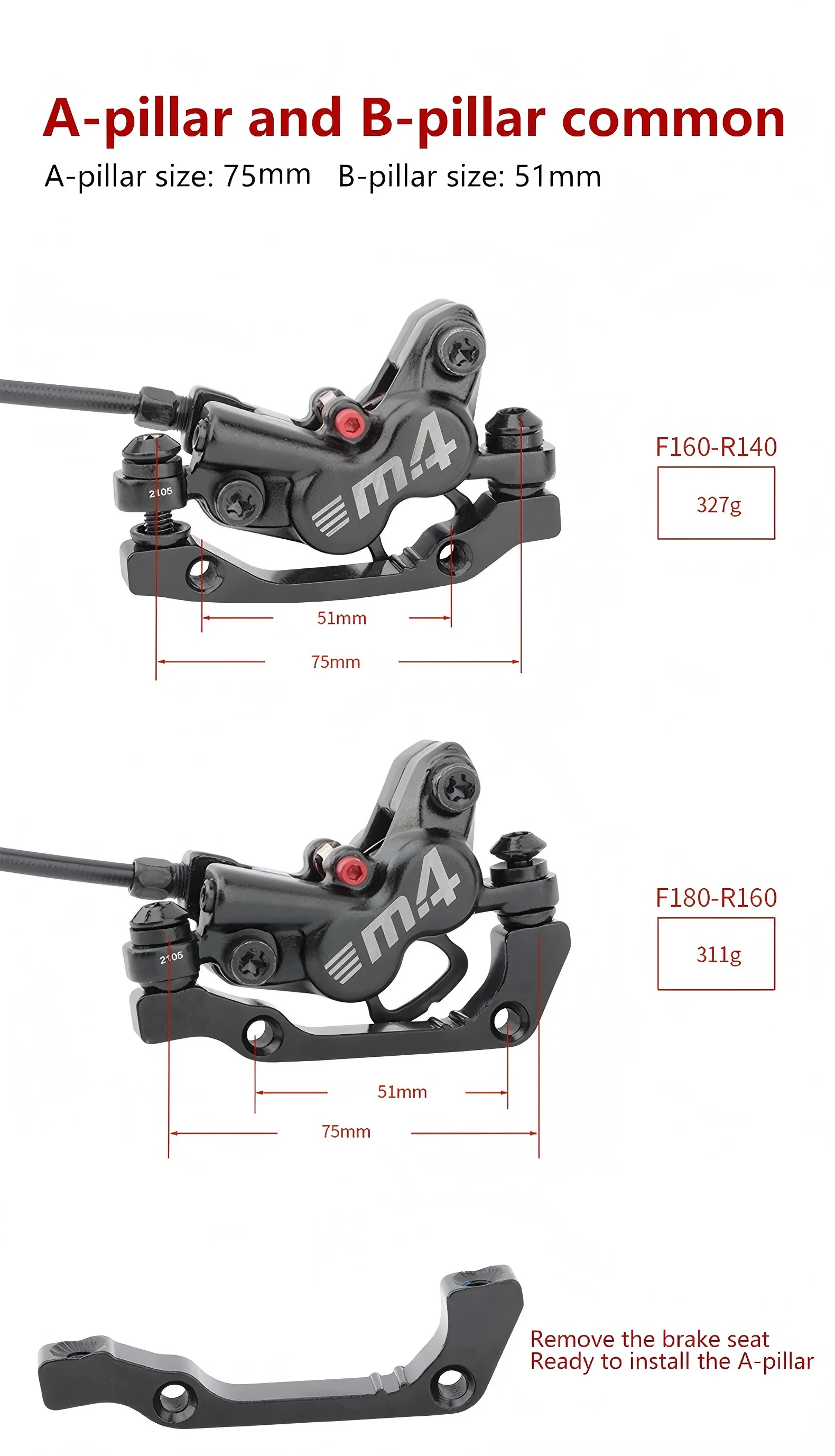 MEROCA M4 4 Piston Brakes Dual-Piston Braking Hydraulic Brakes MTB 22.2MM Diameter Tube Length 800/1400MM Bike Accessories