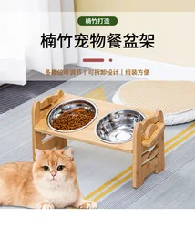 Bamboo and Wood Pet Dog Food Double Bowl Stand Feeding Rack Cat Bowl Rack Feeding Device Pet Bowl Stainless Steel Meal Rack