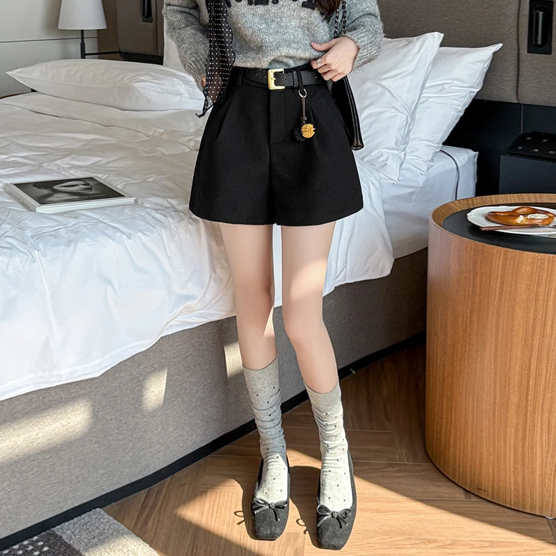 Seoulish High Waist Autumn Winter Woolen Women's A-line Shorts with Belted Korean Solid Casual Wide Leg Short Pants Female