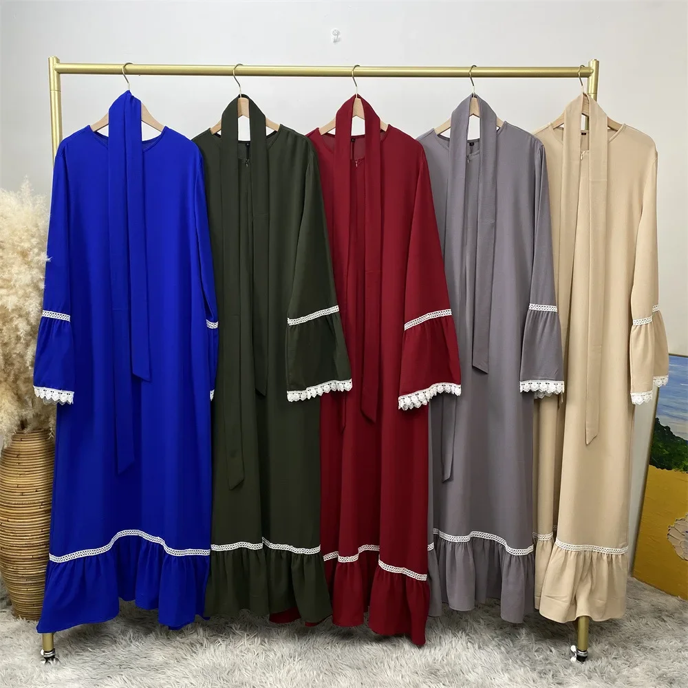 Eid ramadan rendas abayas para mulheres frente zíper vestido muçulmano dubai turquia kaftan árabe robe femme musulman jalabiya vestido de oração