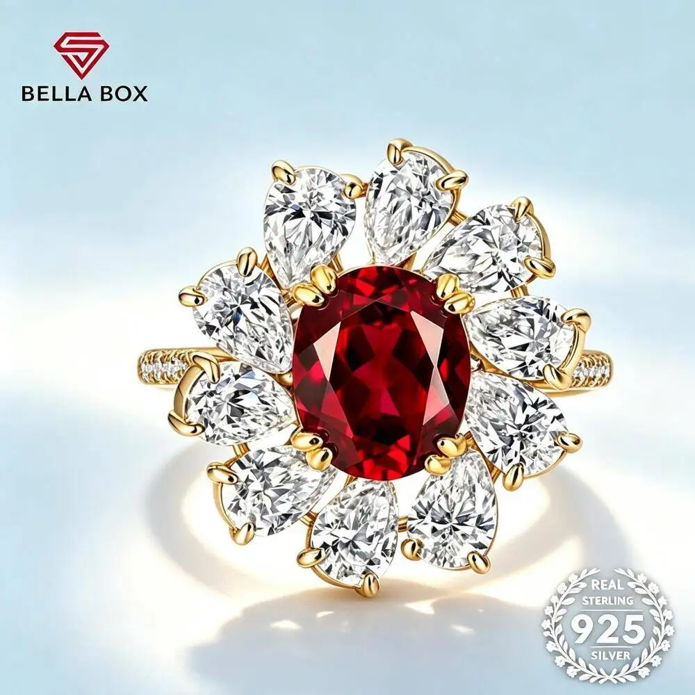 3CT Luxury Sunflower Halo Oval Red Cubic Zirconia Ring S925 Sterling Silver Two Tone Cocktail Statement Jewelry For Ladies