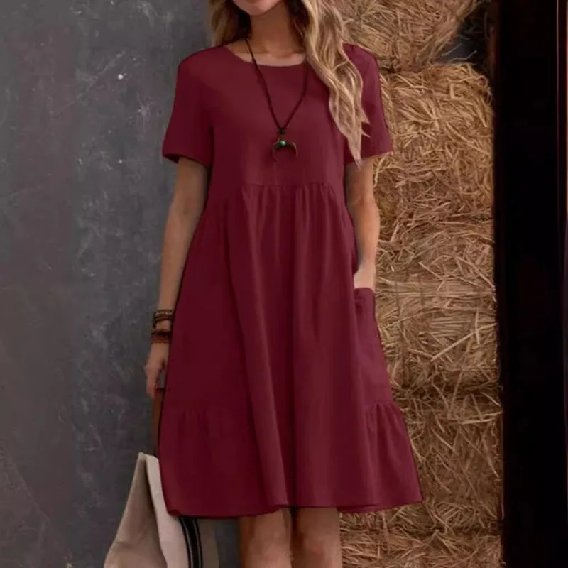 

2026 Summer Retro Loose Pocket Solid Color Crew Neck Women's Cotton and Linen Dress