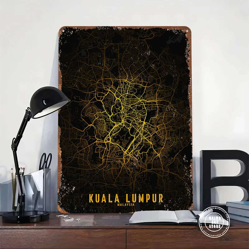 Kuala Lumpur Golden City Map Printed Poster Customized Retro Wall Art Vintage Metal Tin Signs for Home Decoration Aesthetic Room