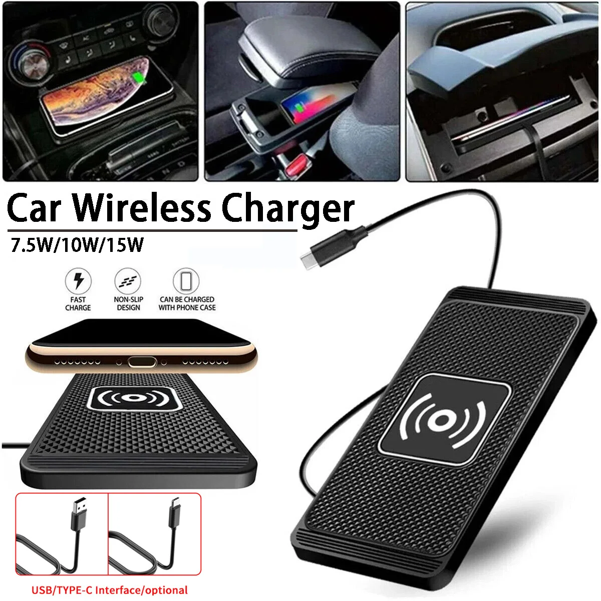 Car Wireless Charger USB Type-C Silicone Sliding Fast Sensing Charging Pad For iPhone 15 14 13 12 Samsung Xiaomi Phone Charging