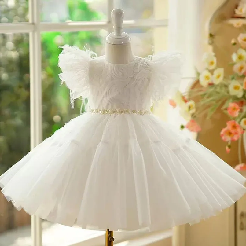 

New White Princess Evening Gown Children's Host Piano Performance Wedding Birthday Party Flower Girl Dresses a4058 Vestidos