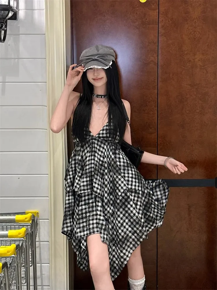 Picante meninas retro irregular dupla camada xadrez cinta vestido verão temperamento sem mangas a linha festa mini vestidos