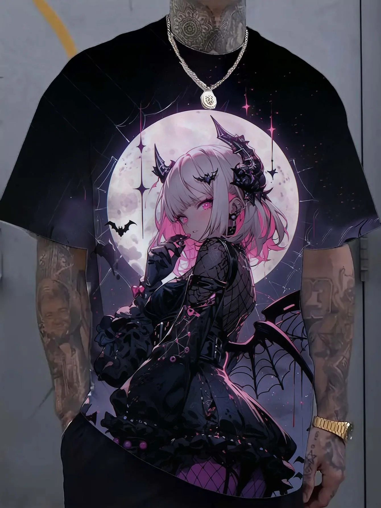 

2025 Hot selling anime cartoon tattoo girl pattern 3D printed men's T-shirt men's oversized sports shirt dark gothic casual top