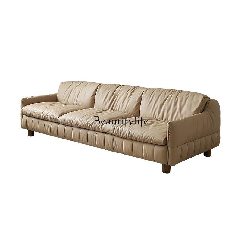 2Living room simple modern cream style small apartment minimalist cloud straight row full leather sofa