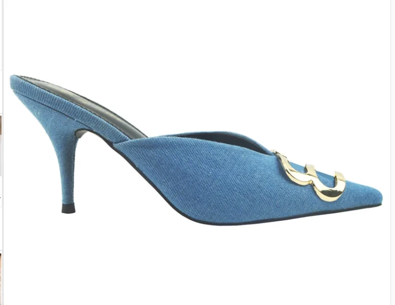 Casual Leather Sexy Pointed Toes Mule Slippers Design Women Thin High Heel Satin Shoes Dress Lady Outside Shoes Summer