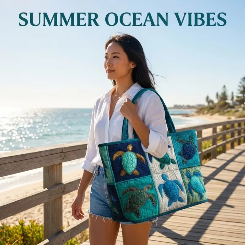 3D Printed Sea Turtle Patchwork Tote Bag Ocean Folk Art Turtle Shoulder Bag Large Capacity Shopping Handbag Gift for Sea Lovers
