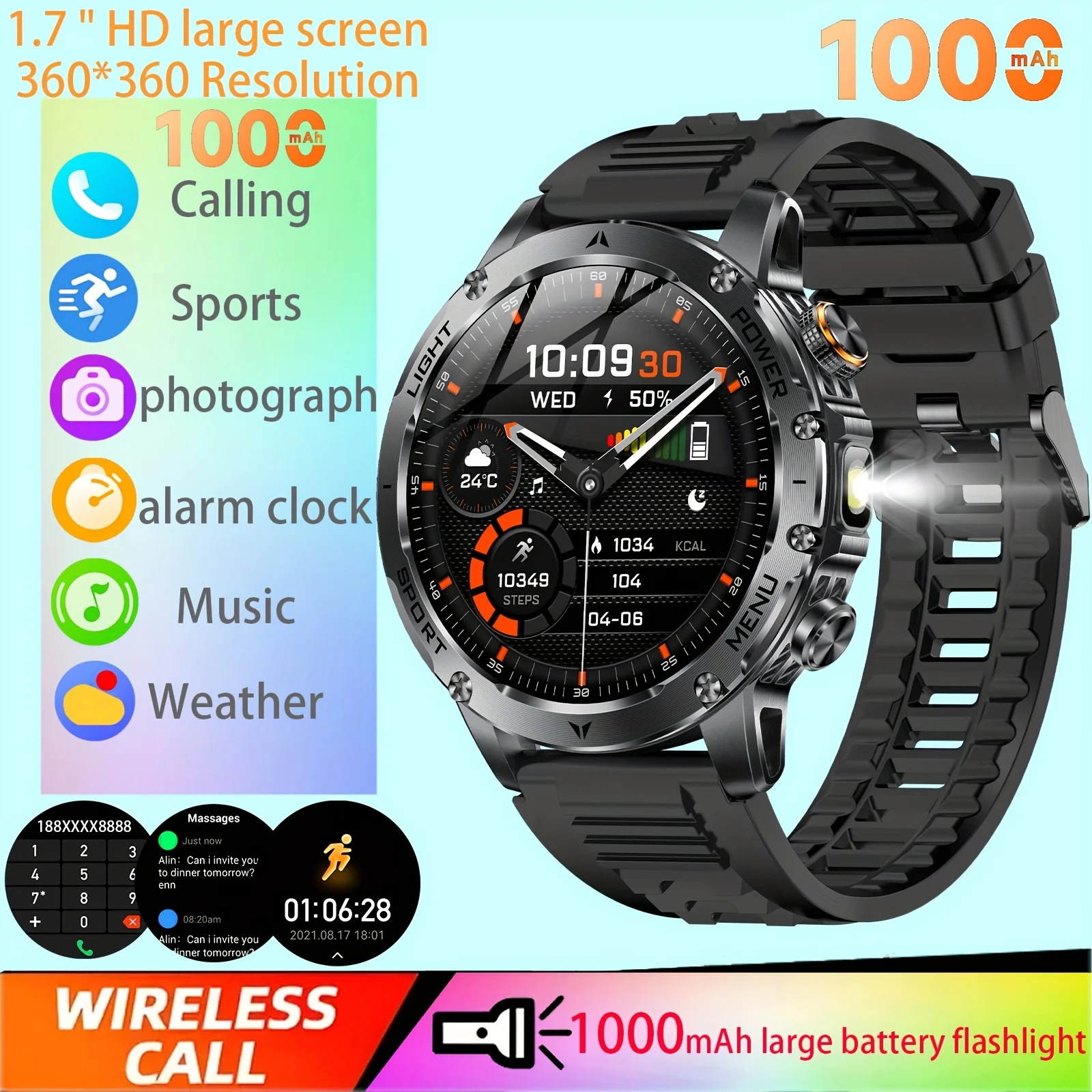 

2025 New Smart Watch Men 1000mAh Large Capacity Battery Outdoor Flashlight Bluetooth Call Waterproof Sport Fitness Smartwatch