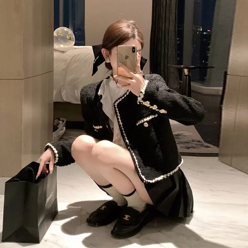 Spring Vintage Jackets Women Black Tweed Cropped Coat Korean Elegant Thicken Single Breasted Blazer Casual Short Outerwear Tops