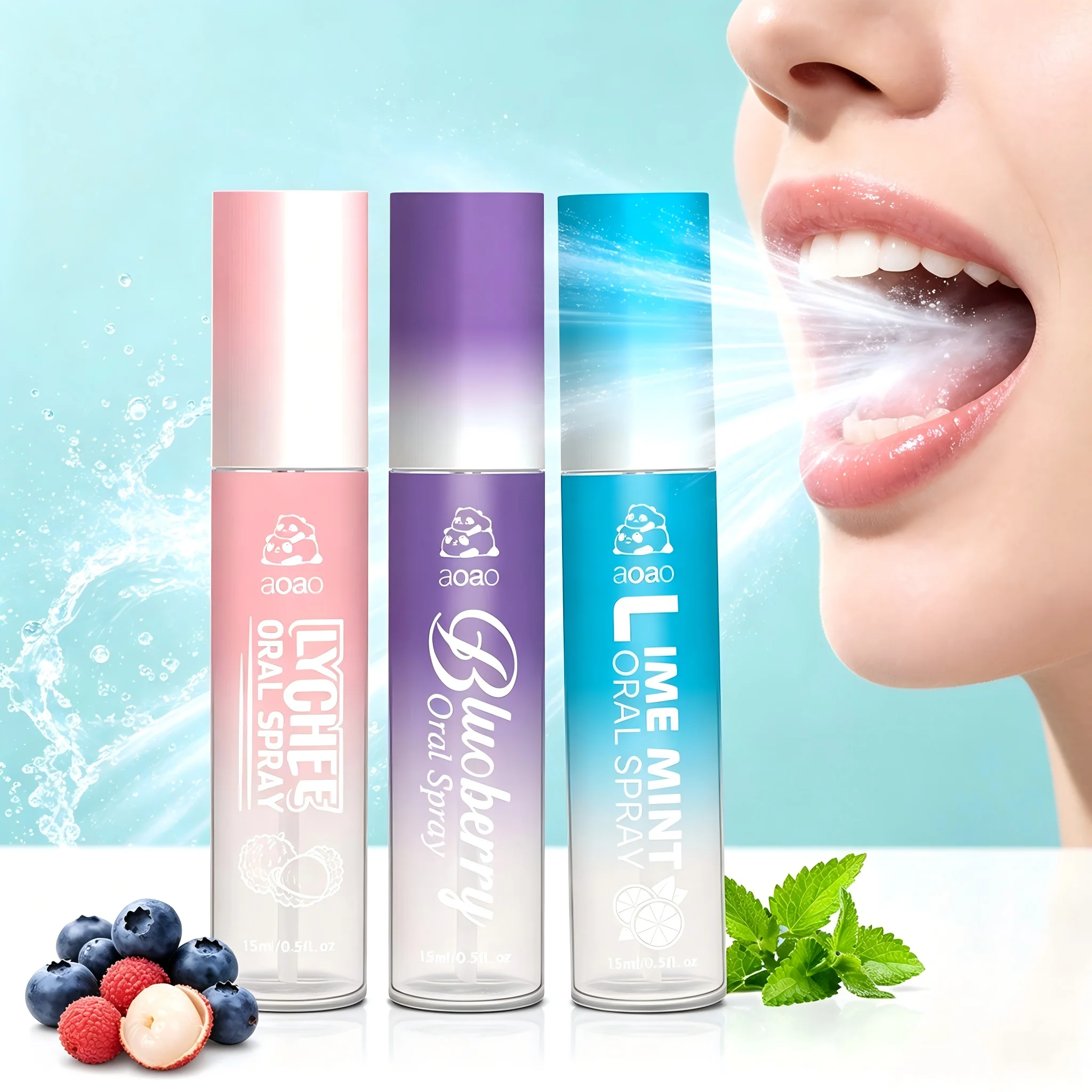 3 Pcs Portable Mouth Spray Set, Lychee Blueberry Mint Flavor, Breath Refreshing Spray for Oral Odor, Long‑lasting Fragrance 15ml Each