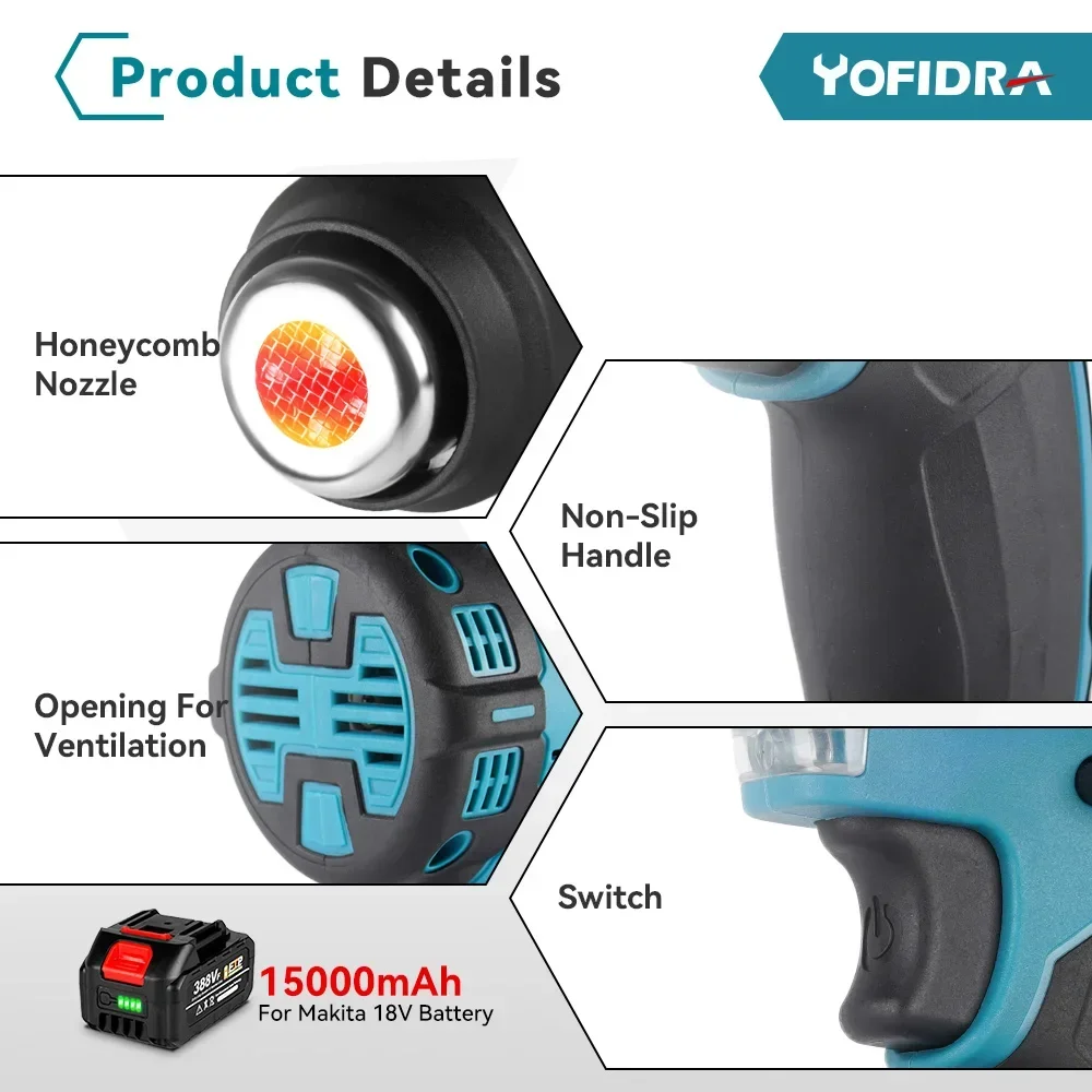 Yofidra 2000W Electric Heat Gun Cordless Handheld Hot Air Gun with 3 Nozzles Industrial Home Hair Dryer For Makita 18V Battery