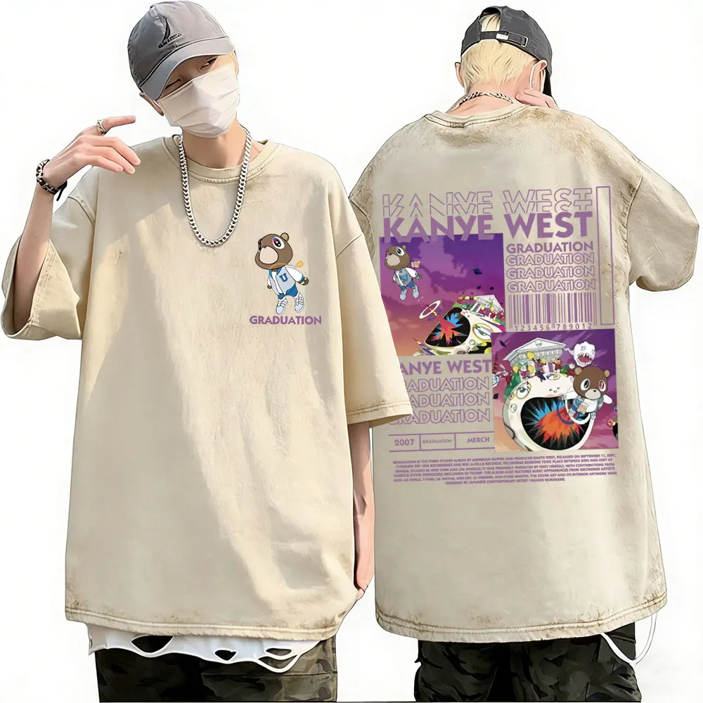 Washed Vintage Rapper Kanye West Graphic T Shirt Graduation Bear Album Cover Print T-shirt Men Hip Hop Fashion Crewneck T Shirts