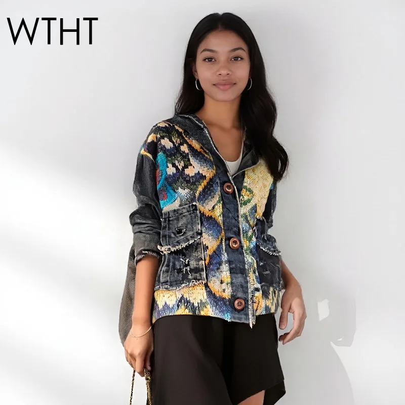

WTHT Fashion Women's Knit Print Spliced Denim Hooded Jacket 2025 Autumn Trendy Long Sleeves Loose Coat Female 1LS2298