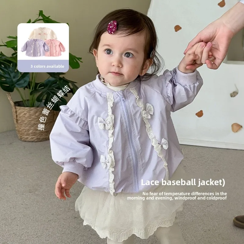 

Girls' Bow Coat 2025 New Autumn Baby Color Contrast Lace Fashion Jacket Children's Korean Edition Autumn Dress