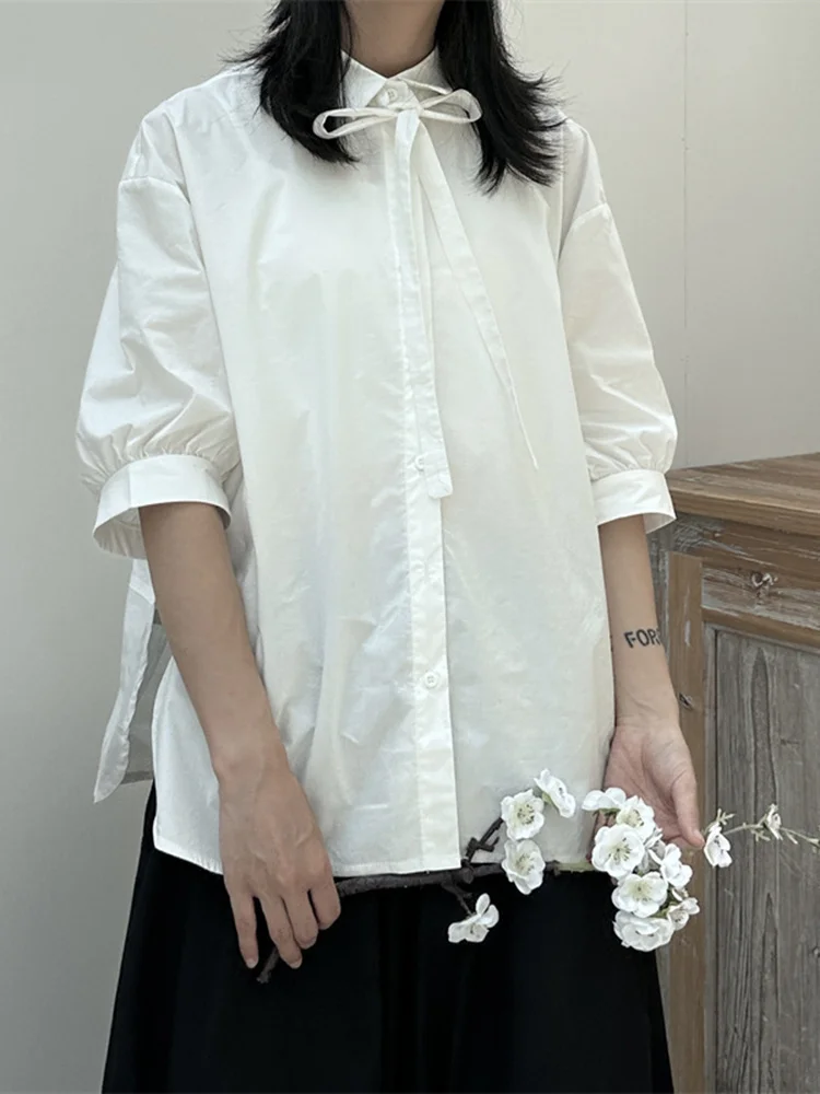 [EAM] Women White Back Flower Big Size Blouse New Lapel Half Sleeve Loose Fit Shirt Fashion Tide Spring Summer 2024 1DF9662