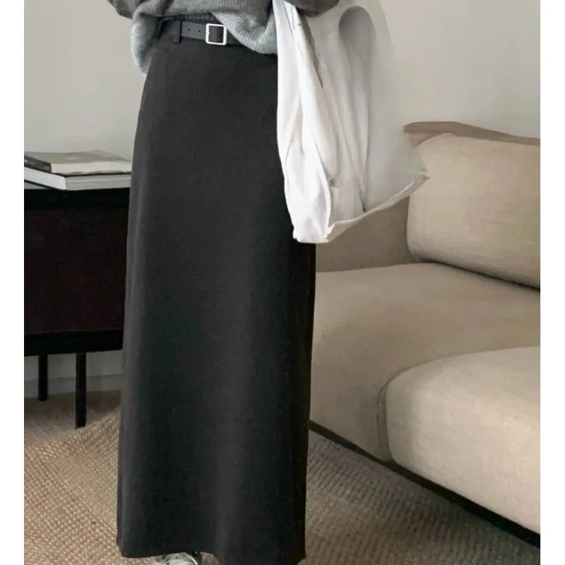 Falda a la cadera con bolso de lana para mujer, media falda informal versátil de cintura alta, falda acampanada de longitud media, otoño e invierno