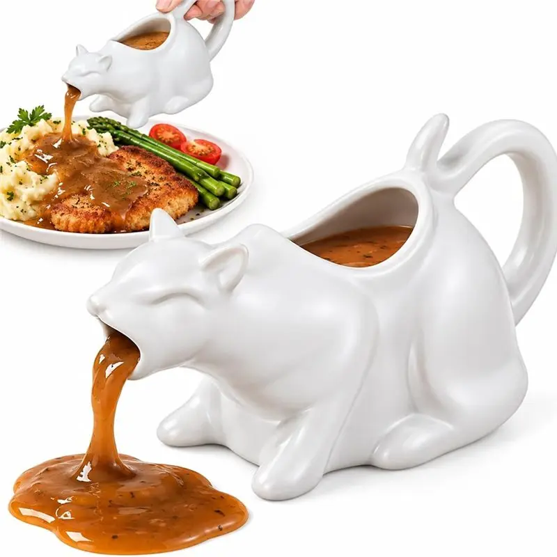 Puking Cat Gravy Boat Kitty Sauce Pitcher With Tail Handle, Funny Cat Cream & Syrup Jug