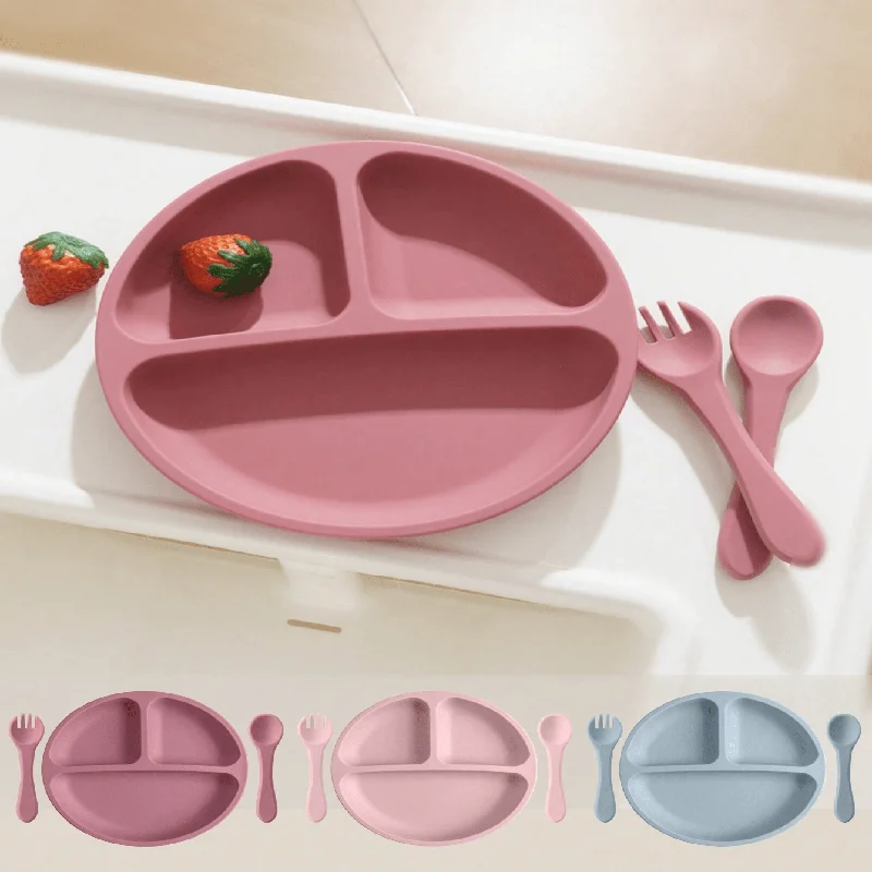 Baby silicone tableware, including smiley plates, silicone forks and spoons, specially designed for baby food supplements
