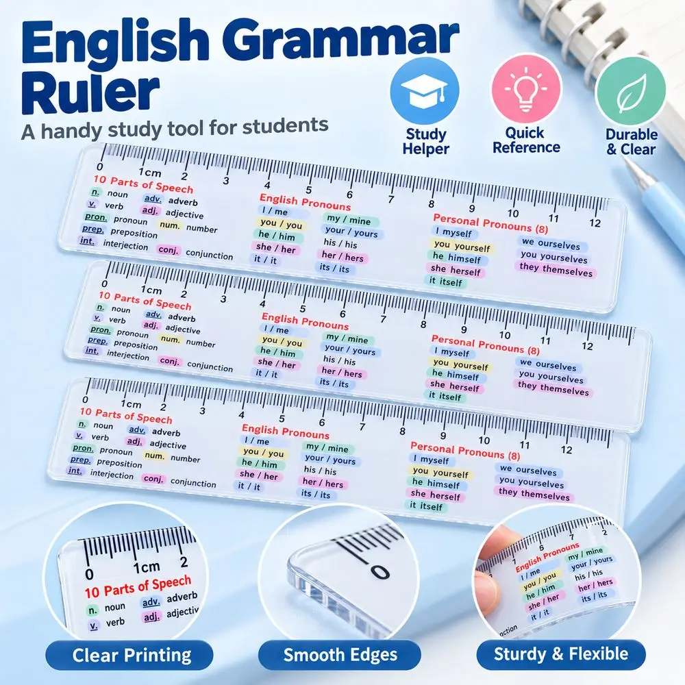 Portable Straight Edge English Ruler Printed Reference Chart Compact Pronoun Ruler Multifunctional Reference Ruler English Study